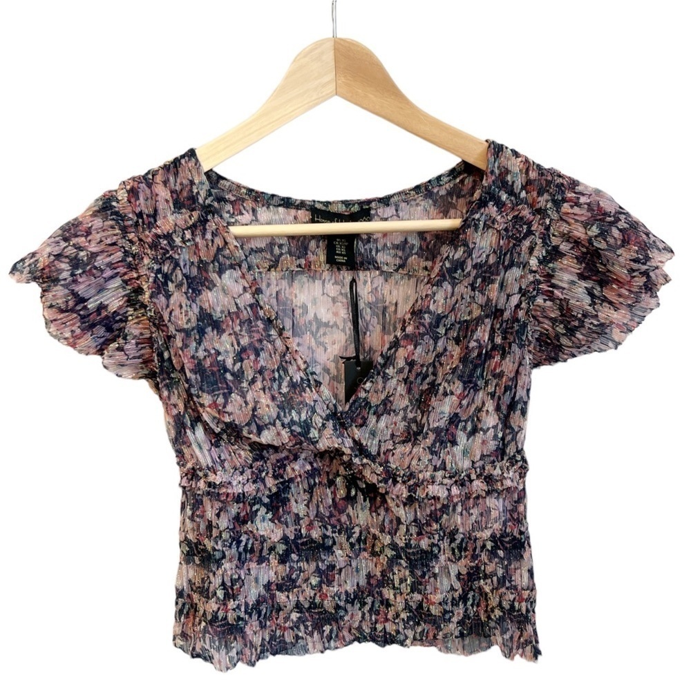 Nwt House of Harlow 1960 Floral Metallic Flutter Sleeve  Blouse XS